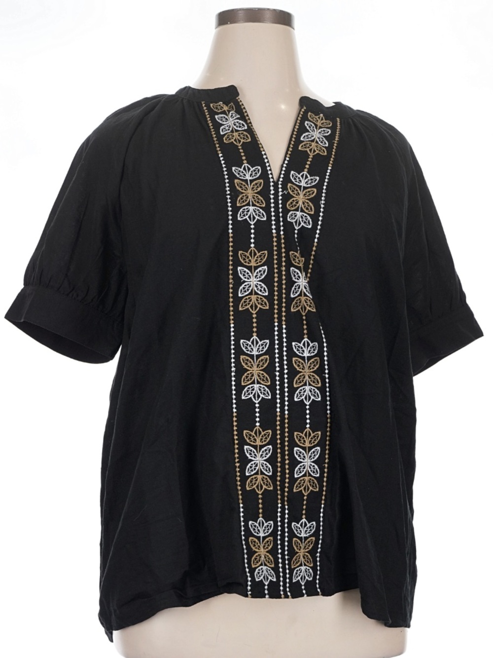 Lane Bryant Black Short-Sleeve Embroidered Split-Neck Blouse